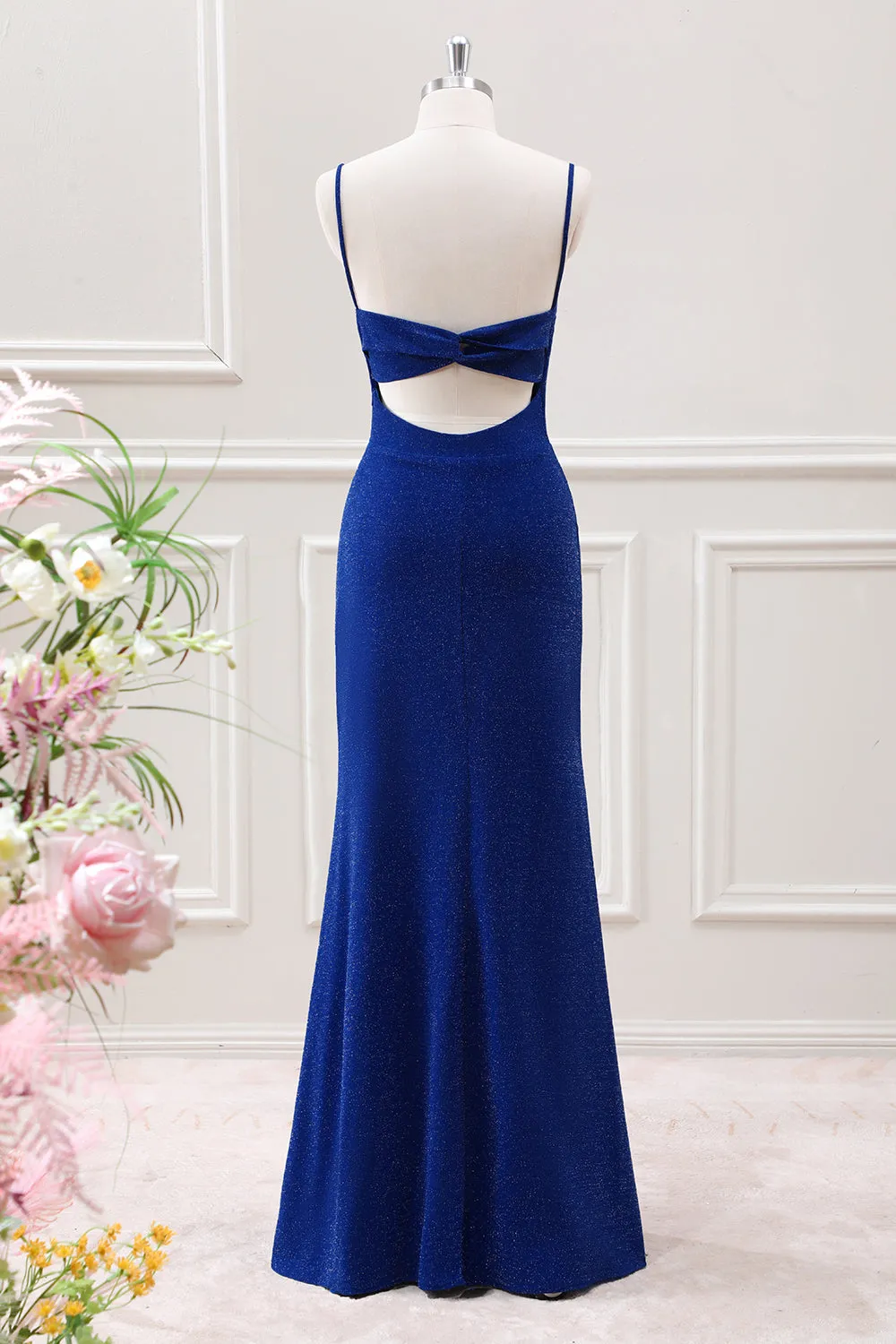 Glitter Dark Blue Mermaid Spaghetti Straps Maxi Dress with Slit