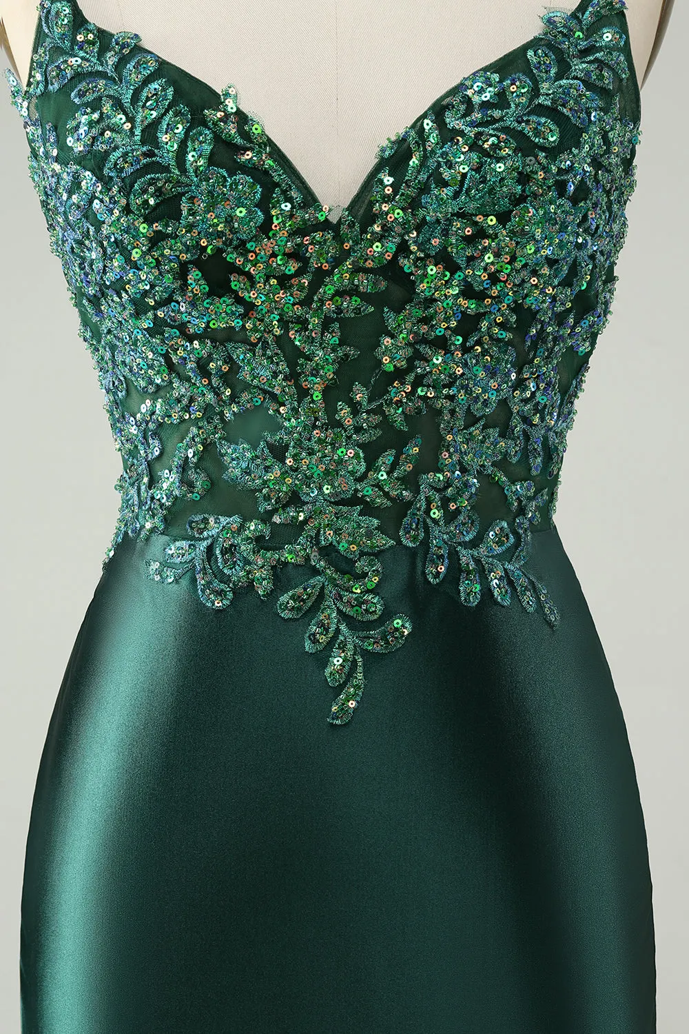 Glitter Dark Green Tight V Neck Mini Dress with Sequins