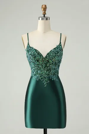 Glitter Dark Green Tight V Neck Mini Dress with Sequins