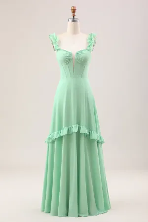 Green A Line Off The Shoulder Corset Maxi Dress With Ruffles