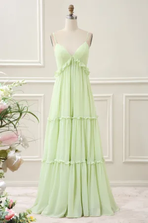 Green A Line Spaghetti Straps Ruffles Maxi Dress with Lace up Back