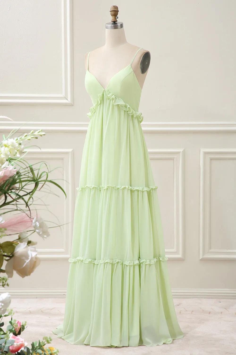 Green A Line Spaghetti Straps Ruffles Maxi Dress with Lace up Back