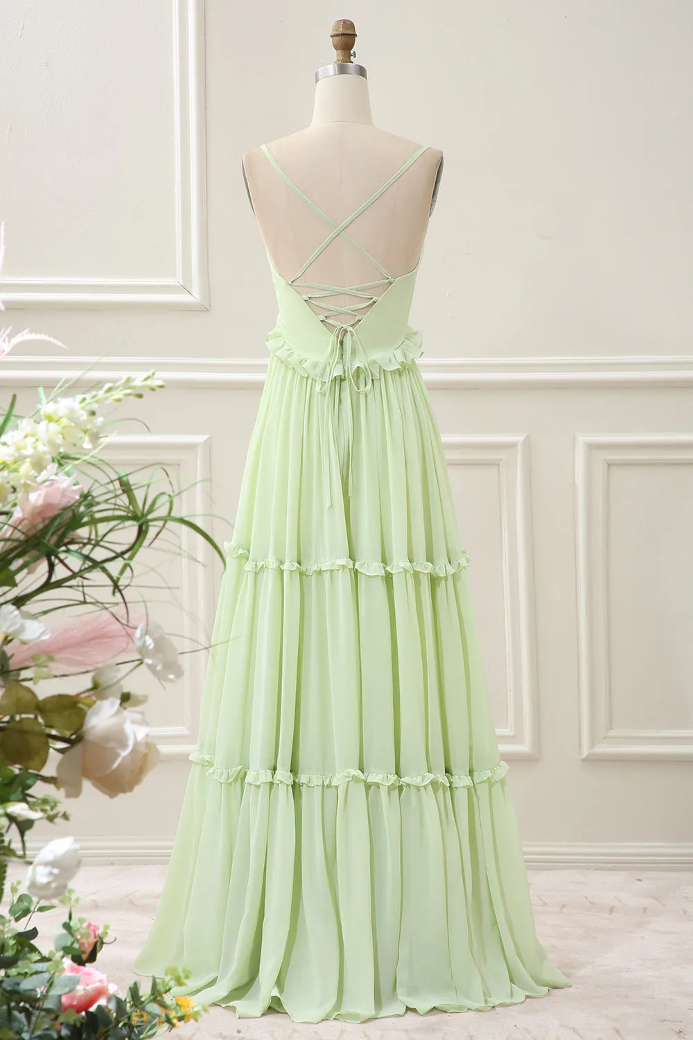 Green A Line Spaghetti Straps Ruffles Maxi Dress with Lace up Back