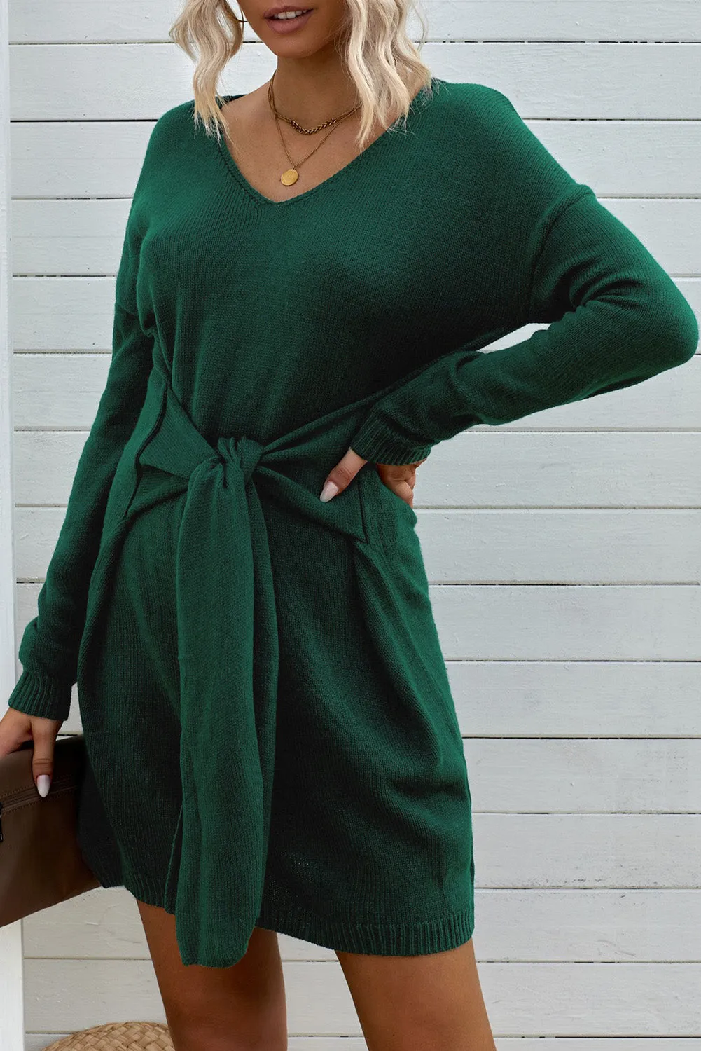 Green Dont Let Me Go Tie Sweater Dress