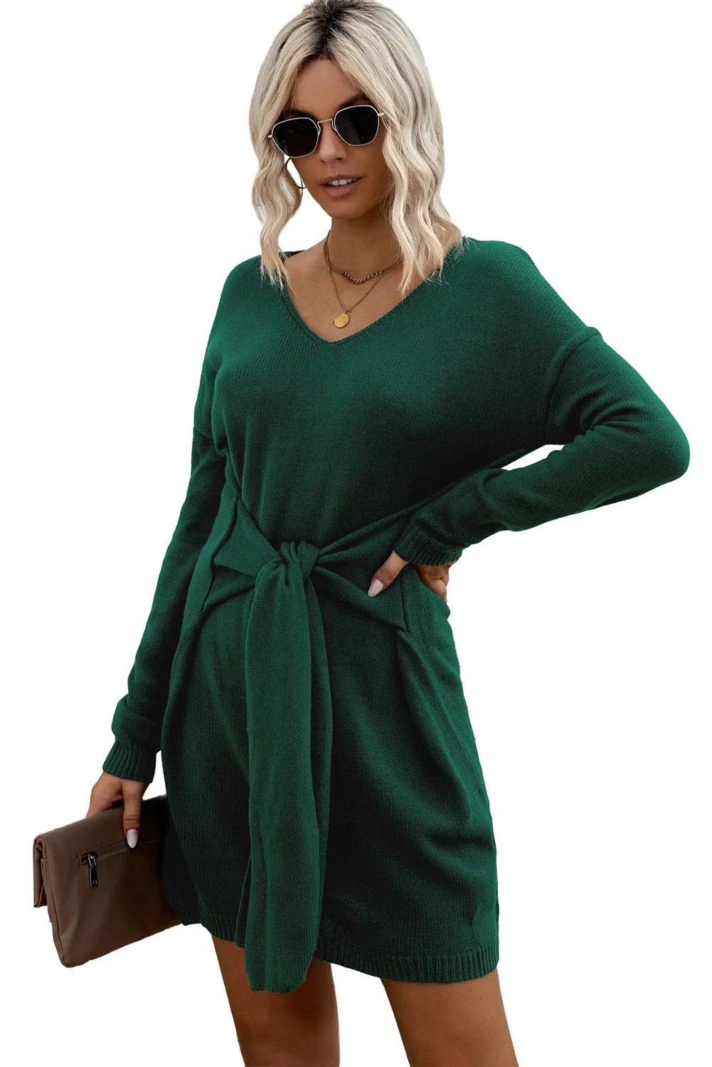 Green Dont Let Me Go Tie Sweater Dress