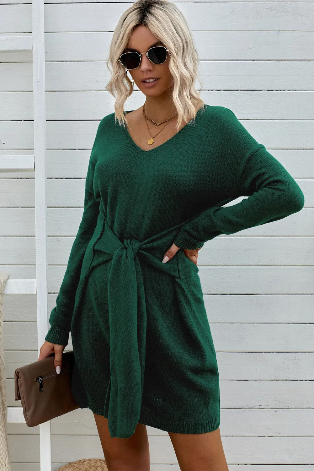 Green Dont Let Me Go Tie Sweater Dress