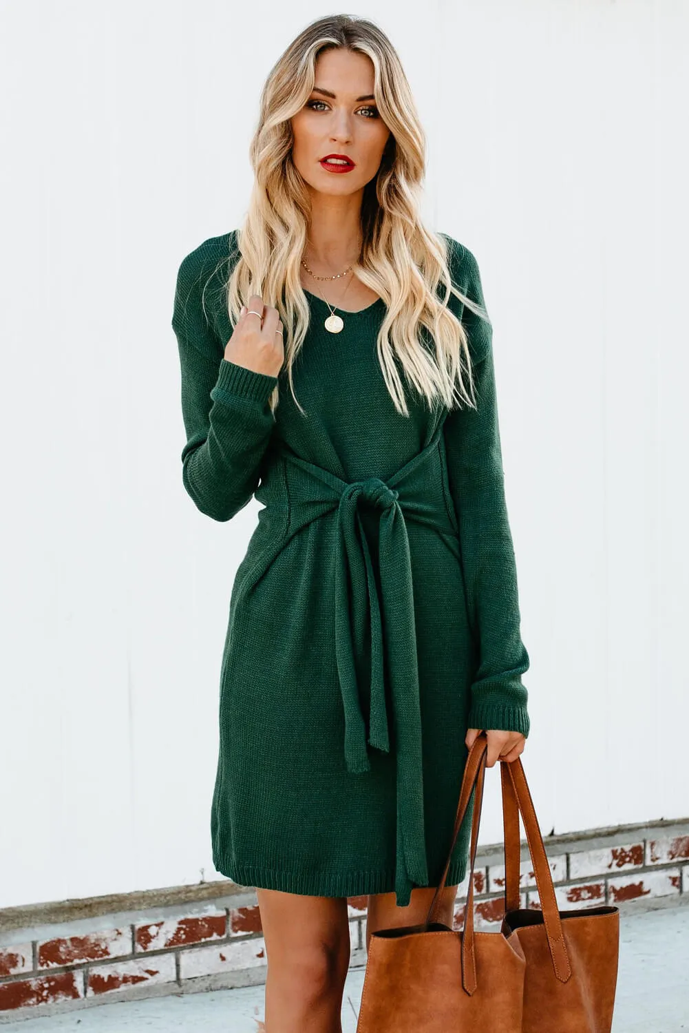 Green Dont Let Me Go Tie Sweater Dress