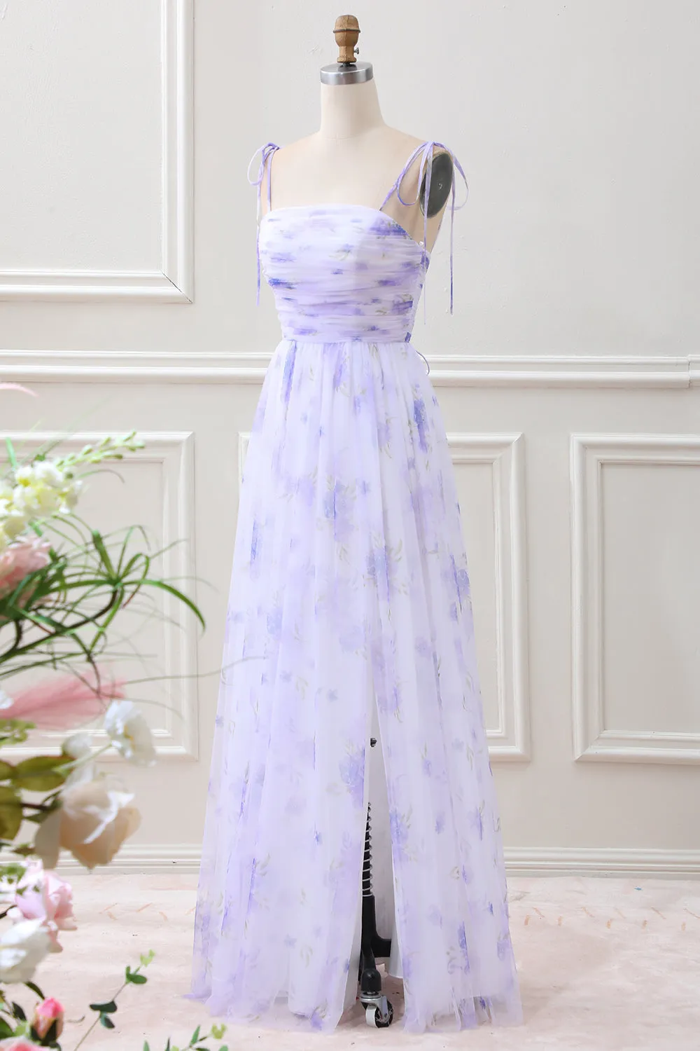 Lavender Flower Spaghetti Straps A Line Maxi Dress with Slit