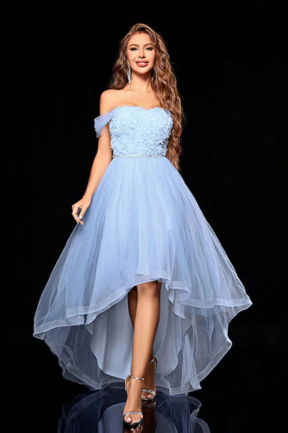 Light Blue Tulle A Line Off the Shoulder Appliques Maxi Dress