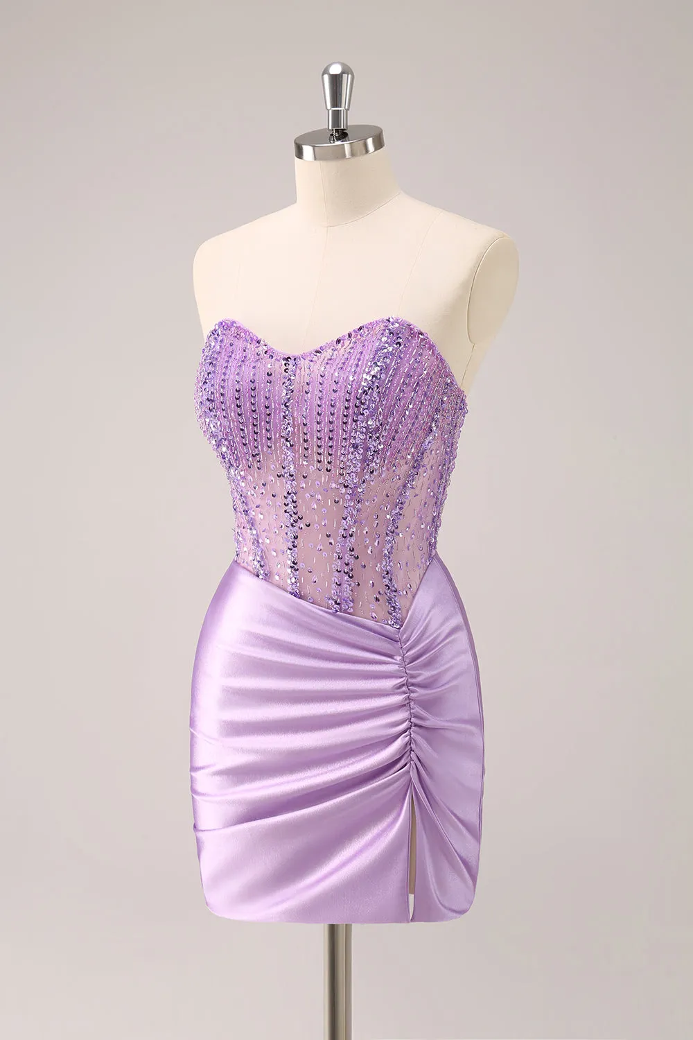 Lilac Strapless Sequins Corset Ruched Tight Mini Dress