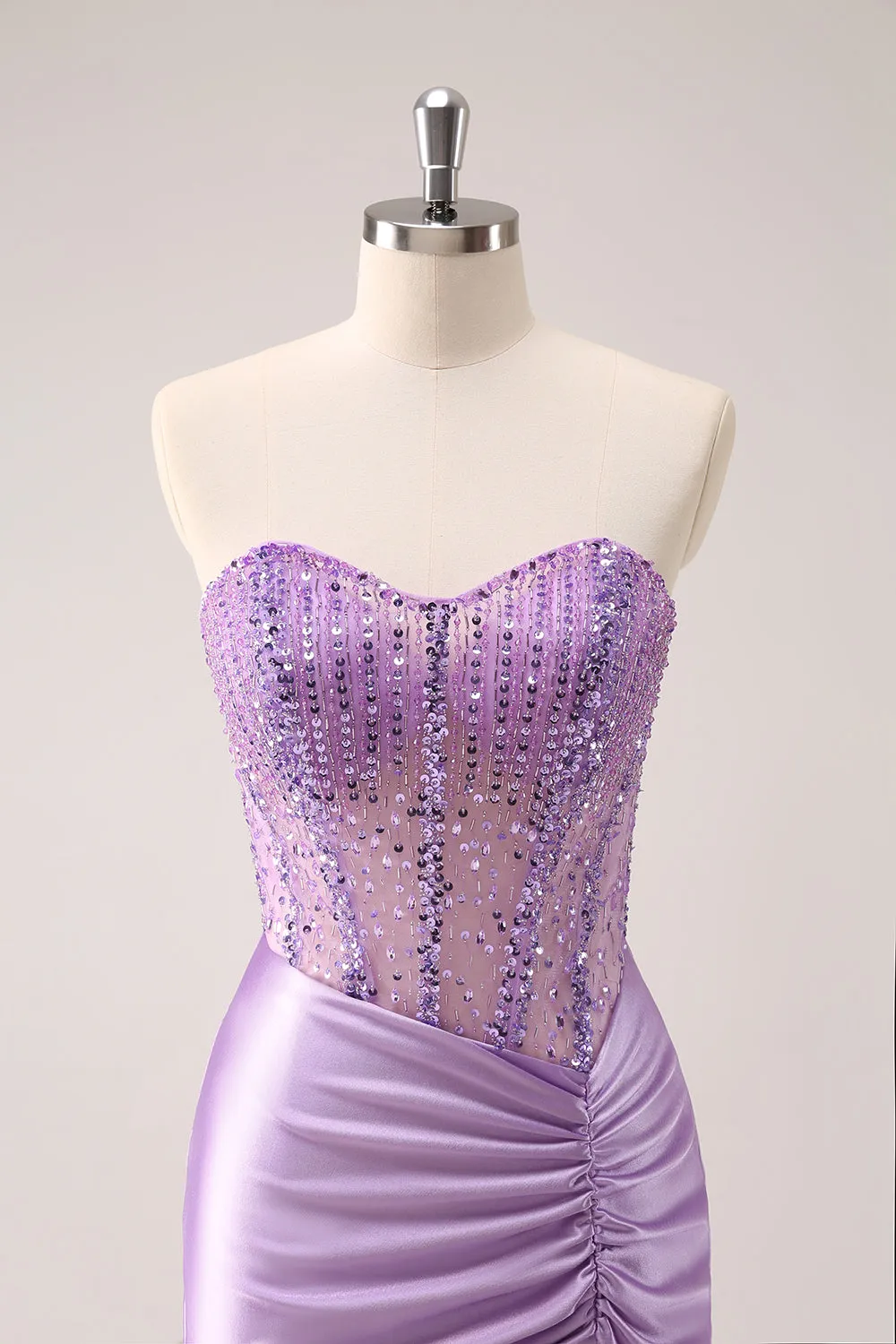 Lilac Strapless Sequins Corset Ruched Tight Mini Dress