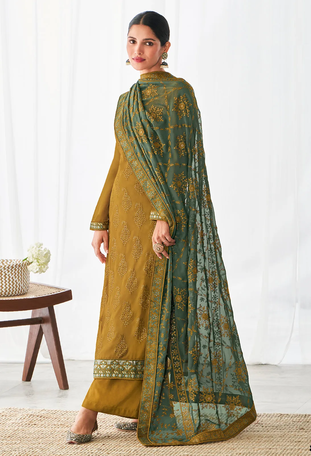 Mustard Floral Motifs Embroidered Palazzo Pants Suits