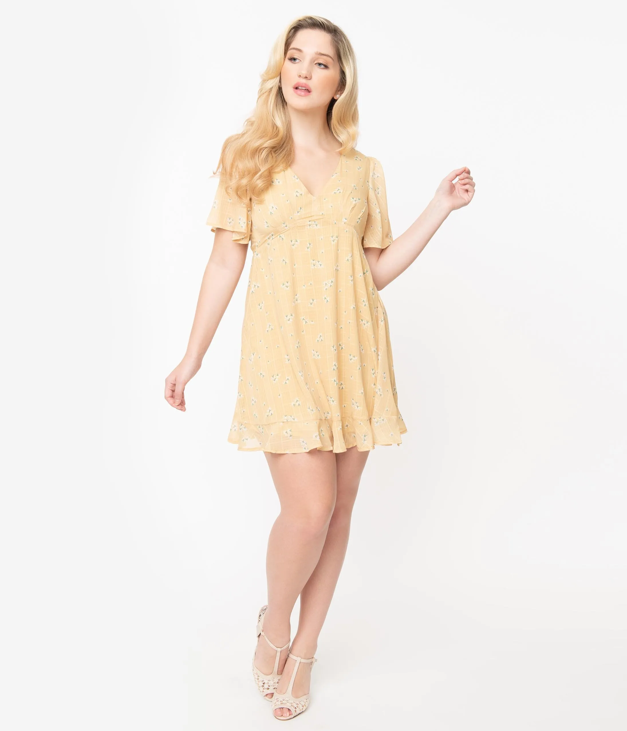 Mustard Yellow Floral Print Flutter Sleeve Mini Dress