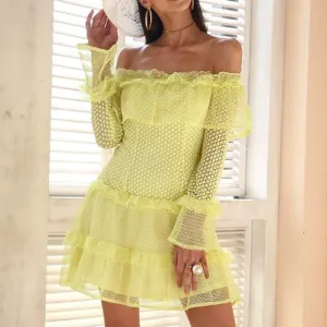 Off Shoulder Ruffle Lace Sexy Hollow Out Mini Dress