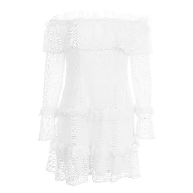 Off Shoulder Ruffle Lace Sexy Hollow Out Mini Dress