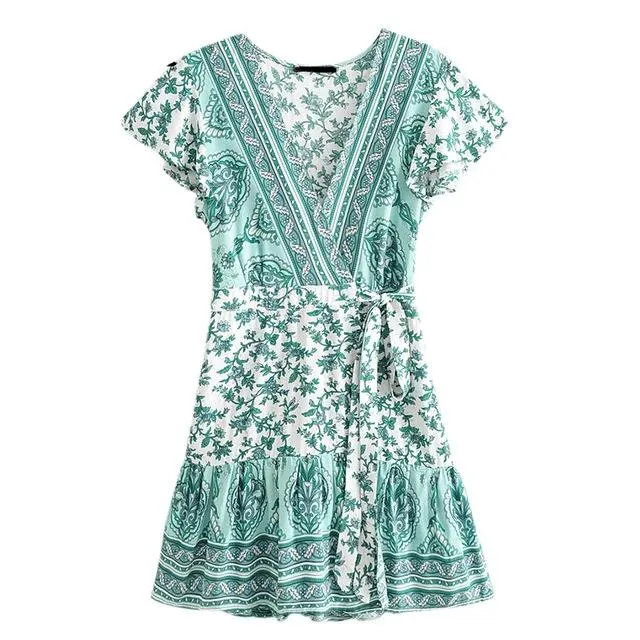 Sexy V-neck Bohemian Summer A-line Floral Print Mini Dress