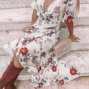 Sexy V-neck Floral  Elegant Ruffled Sleeve Maxi Bohemian Long Dress