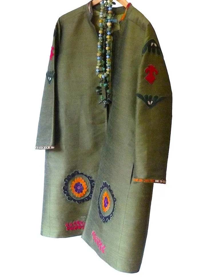 Silk Vintage Suzani Open Tunic Cocktail Coat Olive