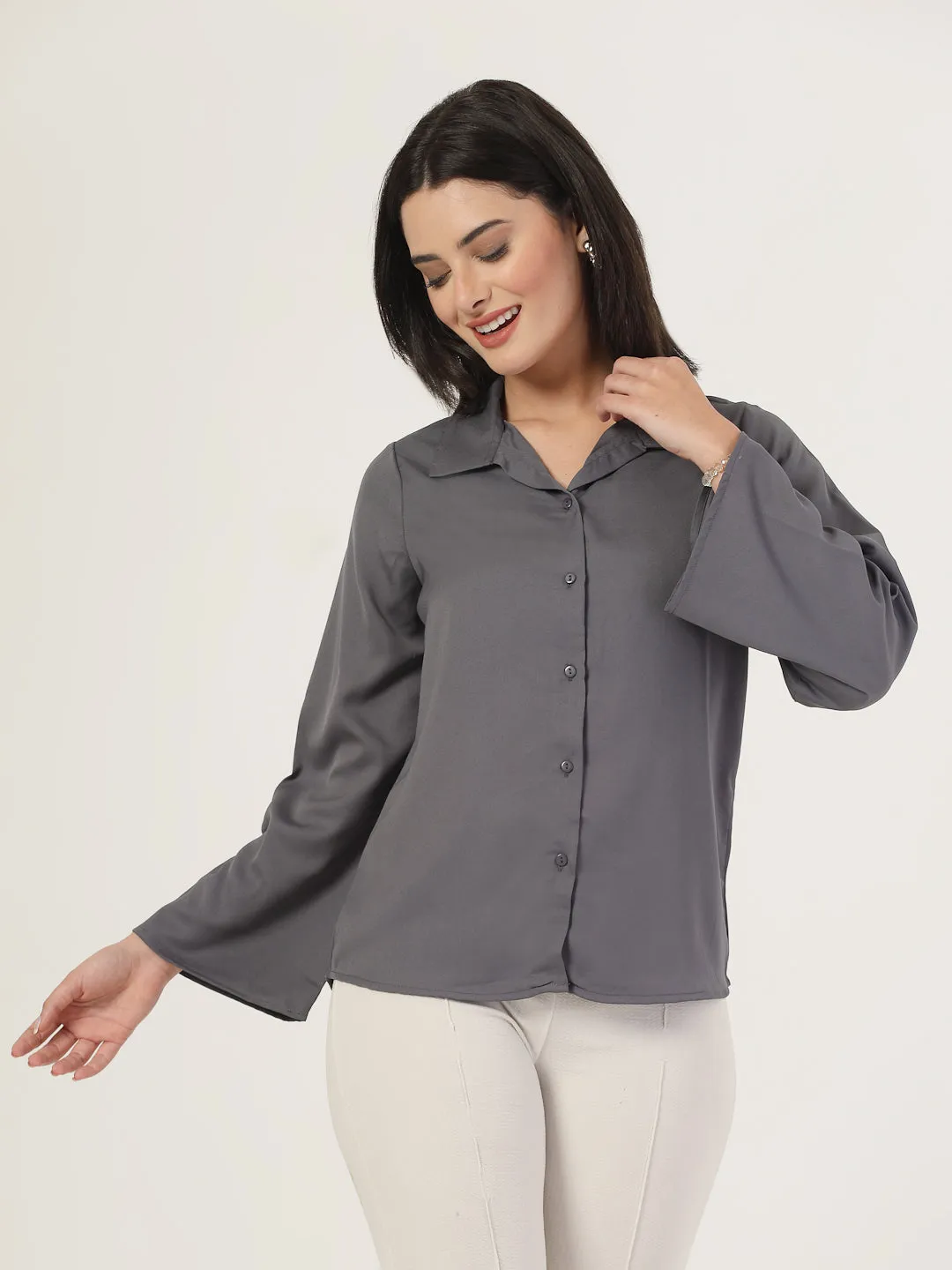 Style Quotient Women Solid Grey Polymoss Formal Shirt