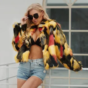 Trendy Multi Color Faux Plush Fur Coat