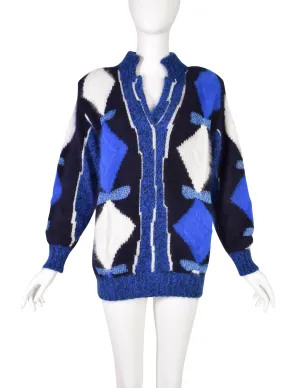 Umberto Ginocchietti Vintage Angora Blue Back White Diamond Intarsia Knit Sweater