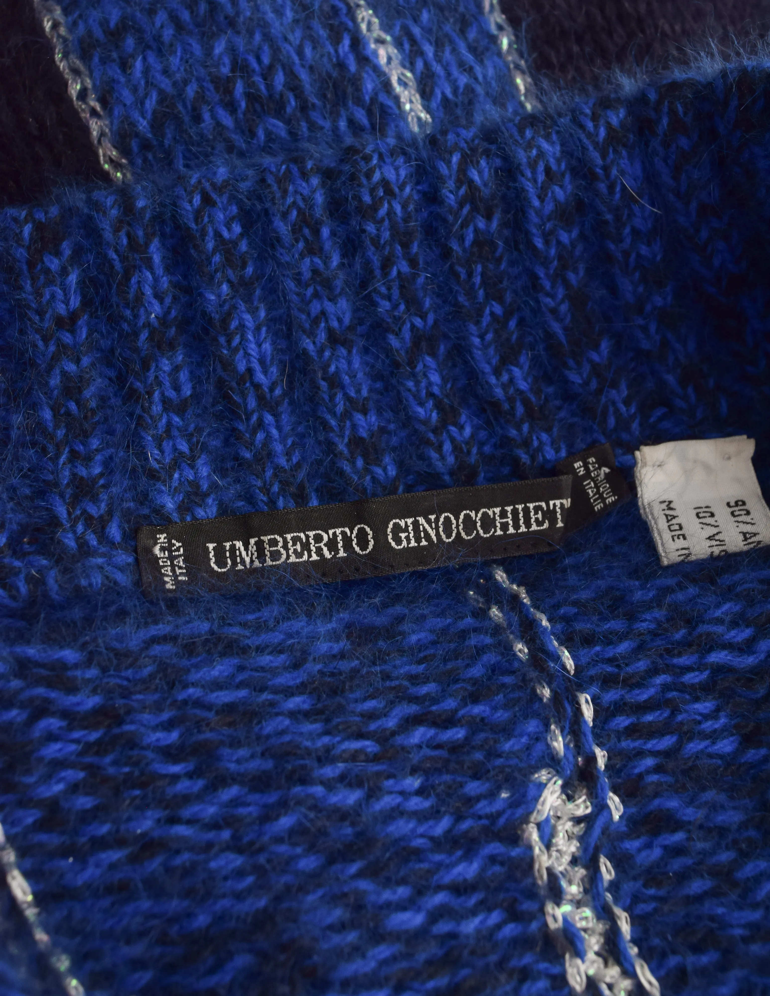 Umberto Ginocchietti Vintage Angora Blue Back White Diamond Intarsia Knit Sweater